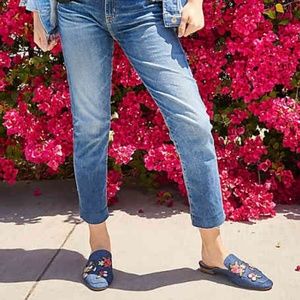 Alexcia Denim Floral Patchwork Mules